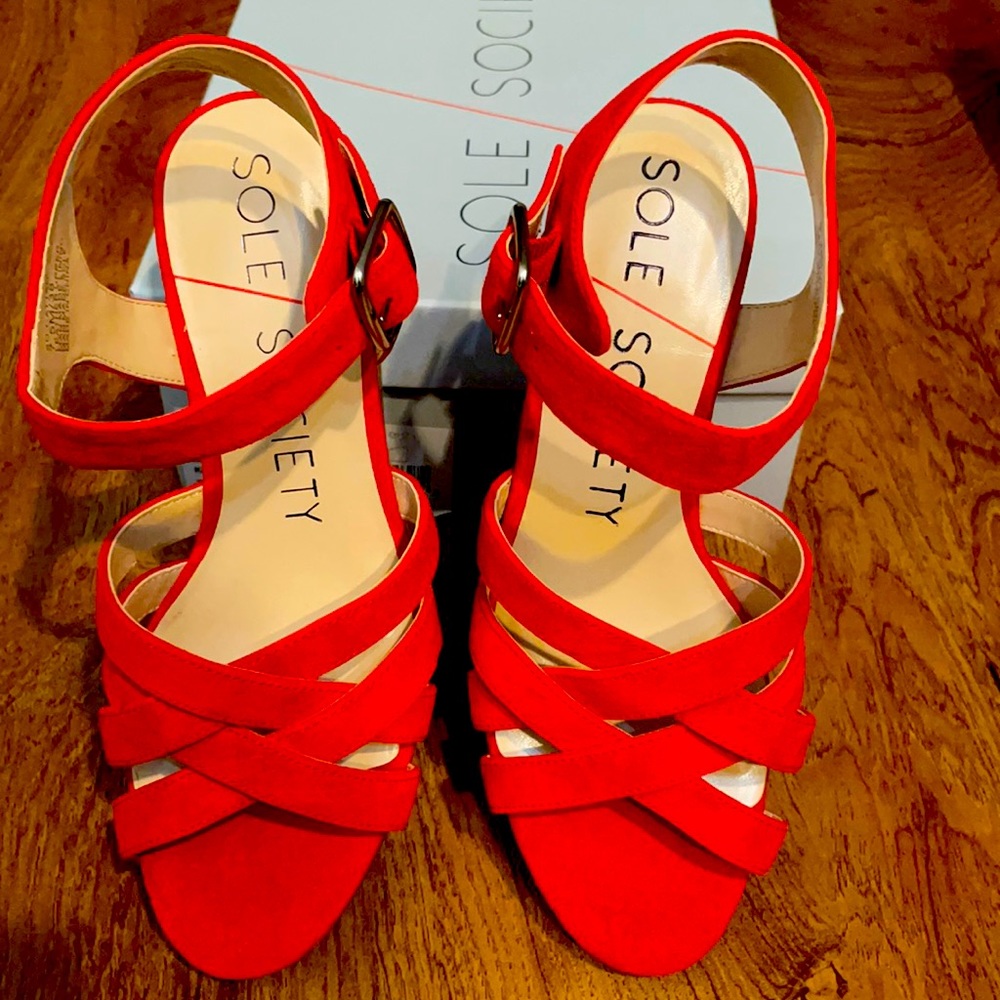 NIB Orange/red wedge sandals. Never worn!